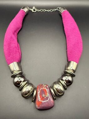 Bold Pink Scarf Statement Necklace with Silver Accents